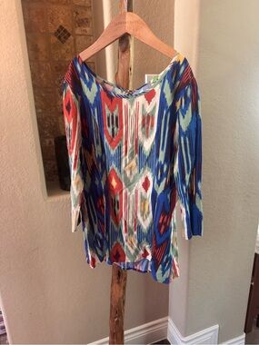 Boho Western Ikat Print Boatneck Top - Blue Multi